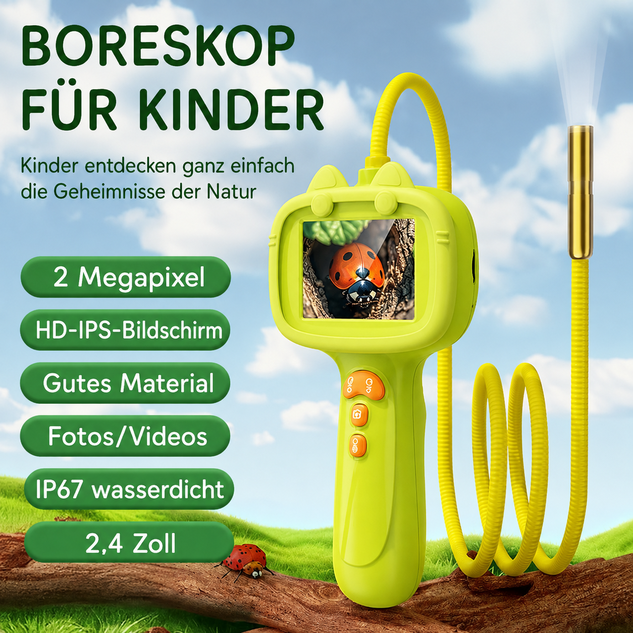 Gelbes Kinder-Boreskop mit Bildschirm, Kameraarm und Text auf blauem Himmel-Hintergrund.