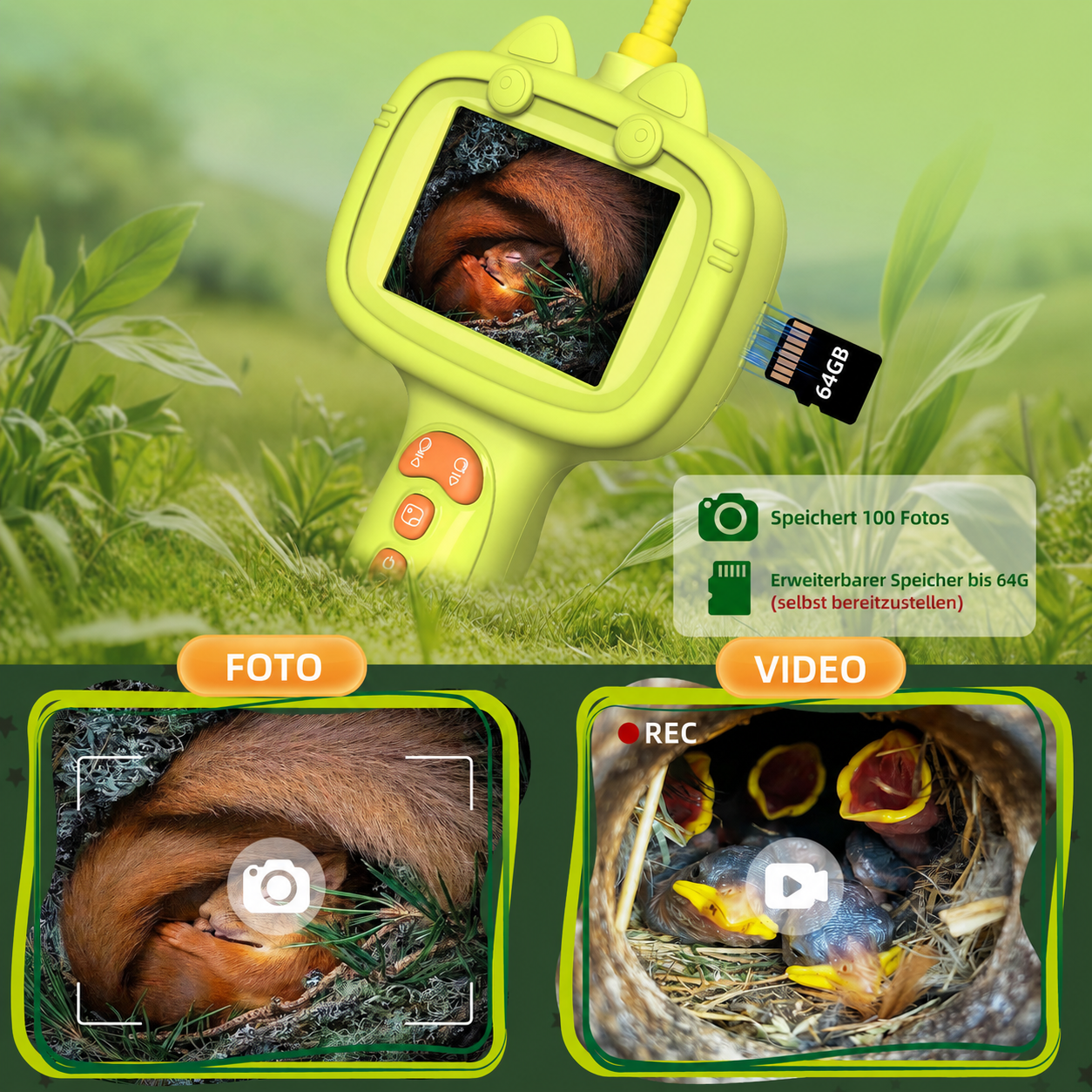 Grüne Kinderkamera mit Katze-Design, SD-Karte und Bildschirmen für Foto und Video in Natur.