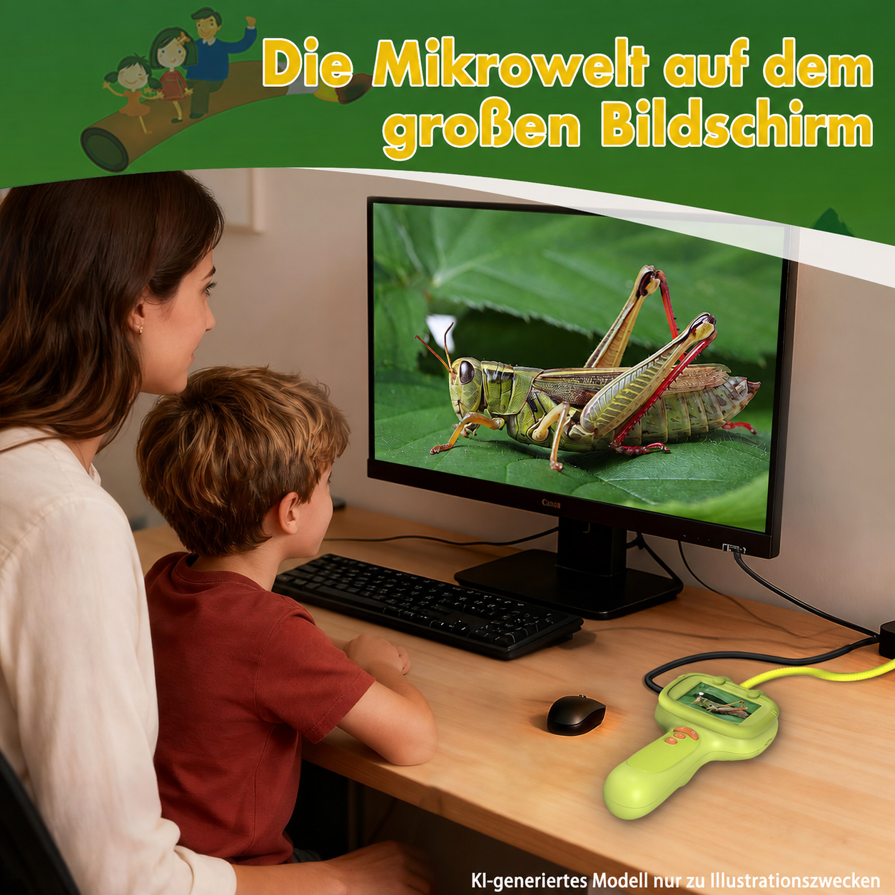 Eine Frau und ein Junge schauen auf einen großen Bildschirm mit einer Heuschrecke.