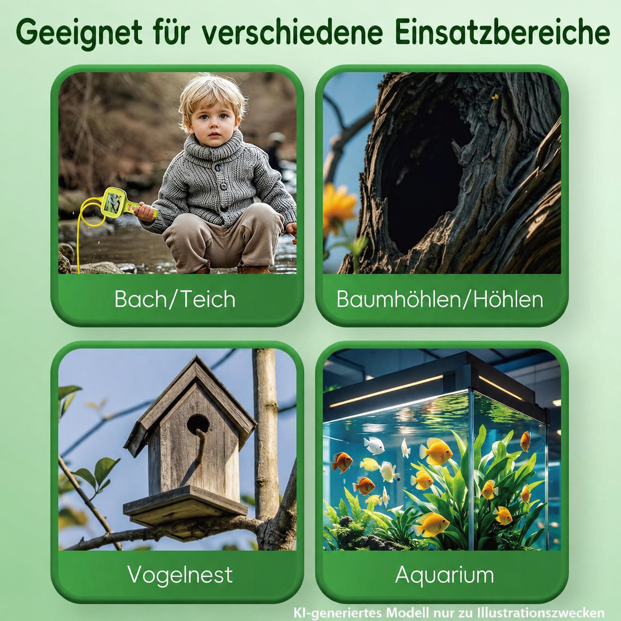 Vier Bilder zeigen verschiedene Einsatzbereiche: Kind am Bach, Baumhöhle, Vogelnest und Aquarium.