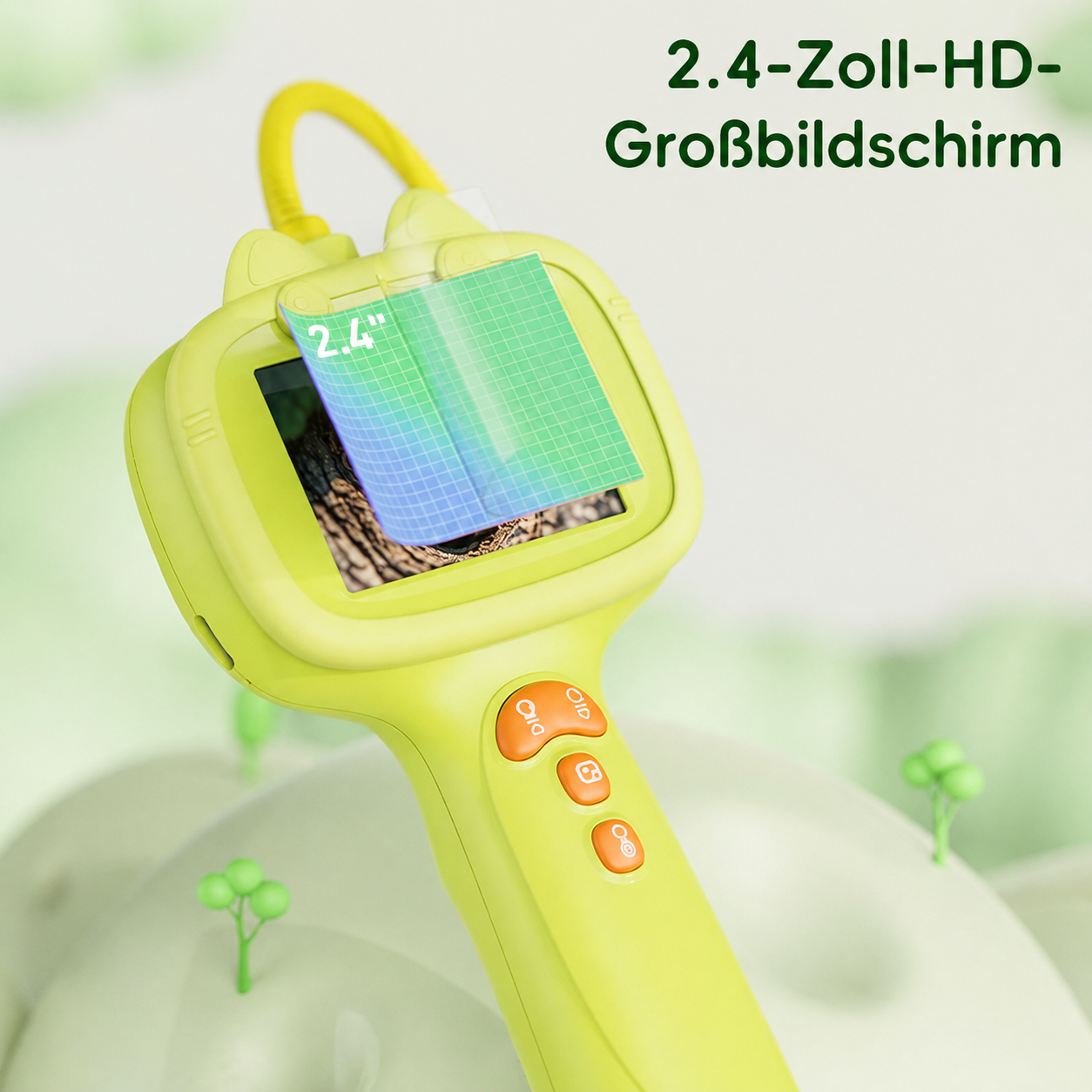 Ein hellgrünes Kindermikroskop mit 2,4-Zoll-Bildschirm und orangefarbenen Tasten vor weichem grünem Hintergrund.