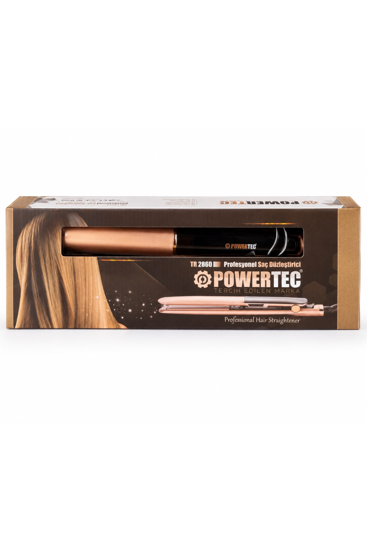 Düz saç görseli ve ürünün yer aldığı Powertec TR 2860 saç düzleştirici kutusu.