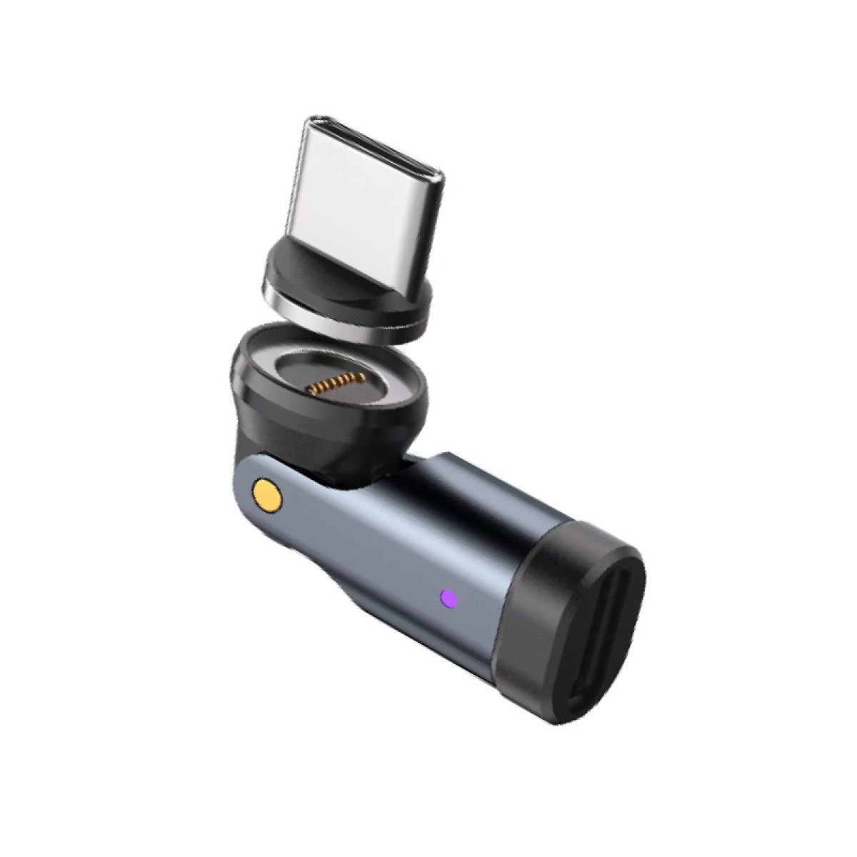 Ein magnetischer USB-C-Adapter in L-Form mit einem abnehmbaren Stecker auf weißem Hintergrund.
