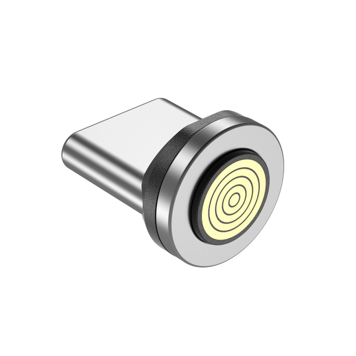 Ein magnetischer USB-C-Anschlussstecker mit silbernem Metallgehäuse und gelbem Kontaktpad auf weißem Hintergrund.