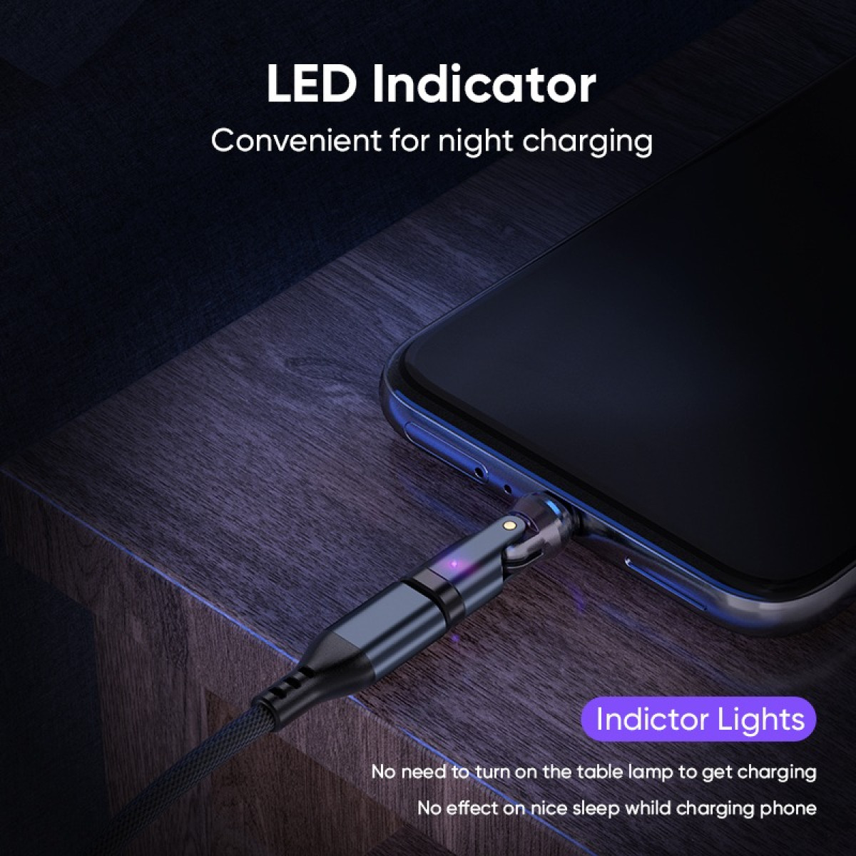 Ein Smartphone wird auf einem Holztisch mit einem magnetischen Ladekabel verbunden, das eine kleine LED-Leuchte hat.