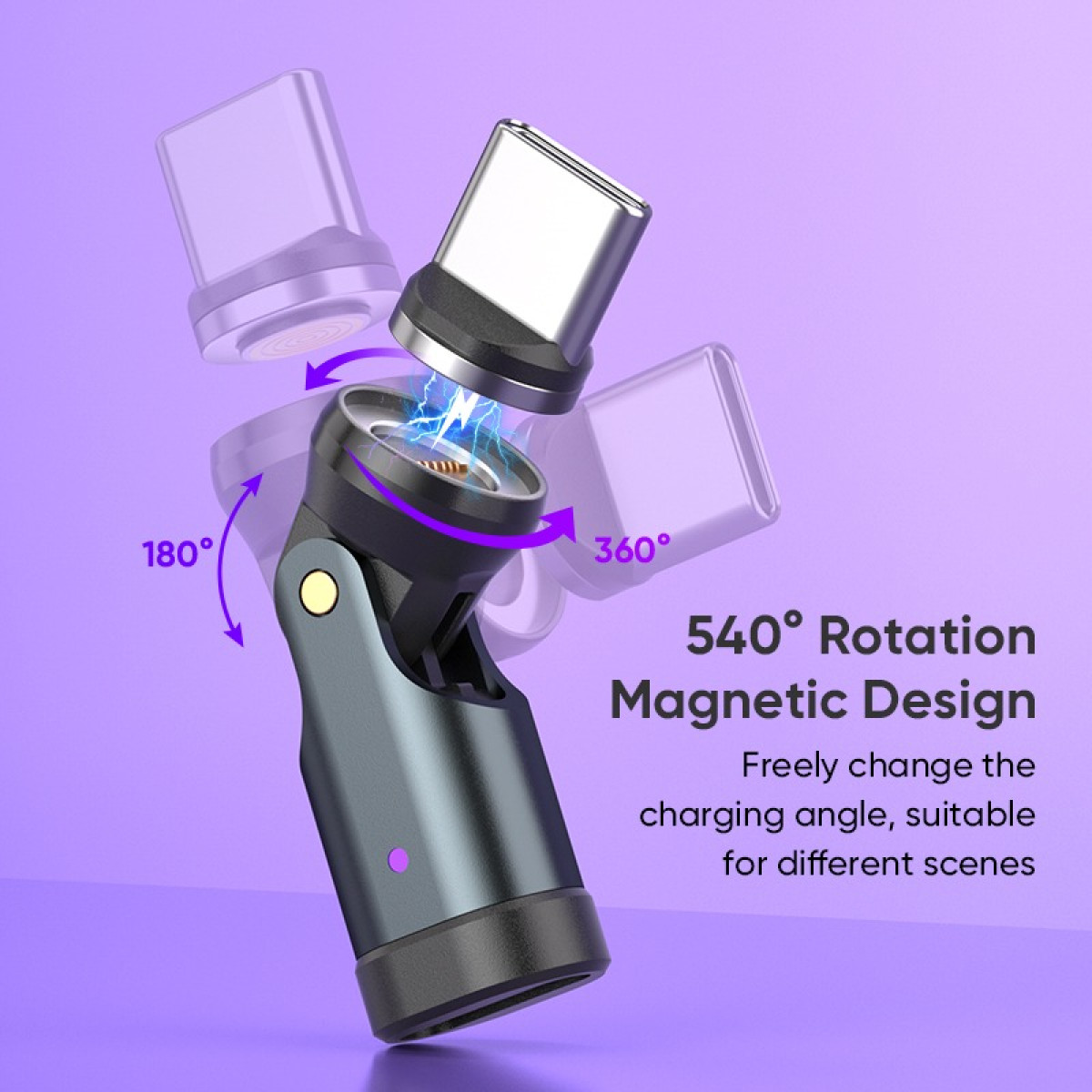 Ein rotierbarer magnetischer Ladeadapter auf violettem Hintergrund mit Text und Symbolen für die Drehung.