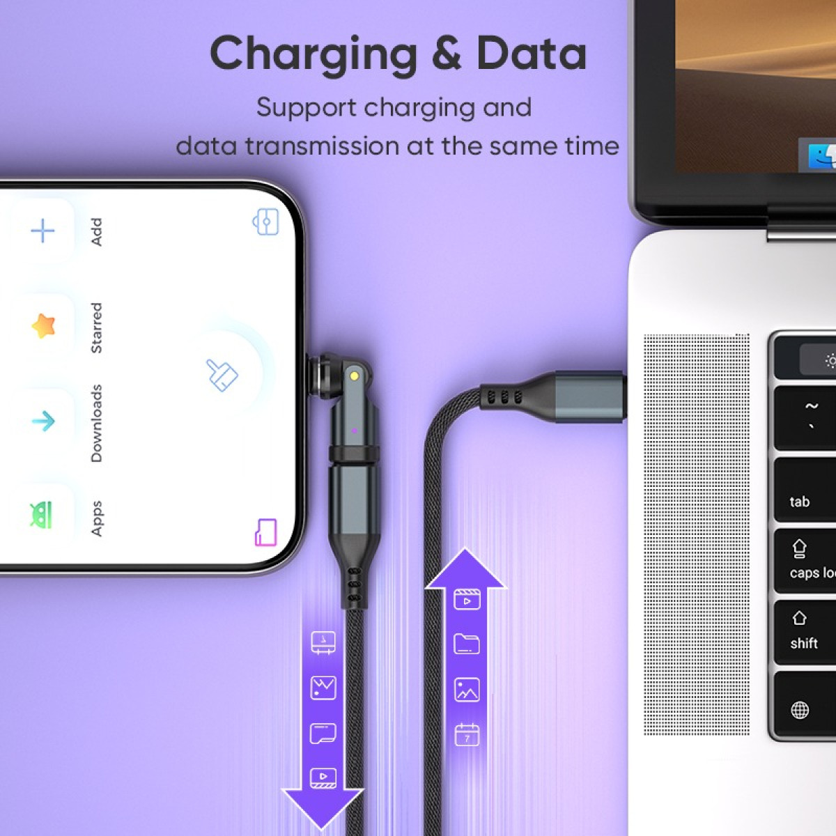 Ein Kabel verbindet ein Smartphone mit einem Laptop für gleichzeitiges Laden und Datenübertragen.