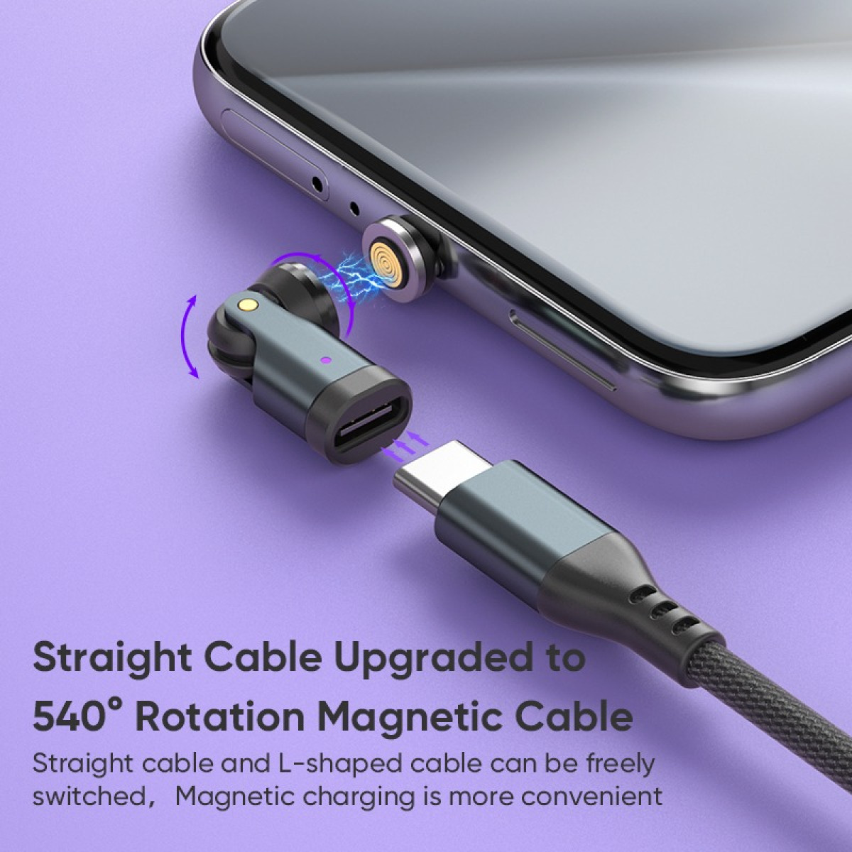 Ein rotierbares magnetisches USB-C-Labekabel verbindet sich mit einem Smartphone auf lilafarbenem Hintergrund.