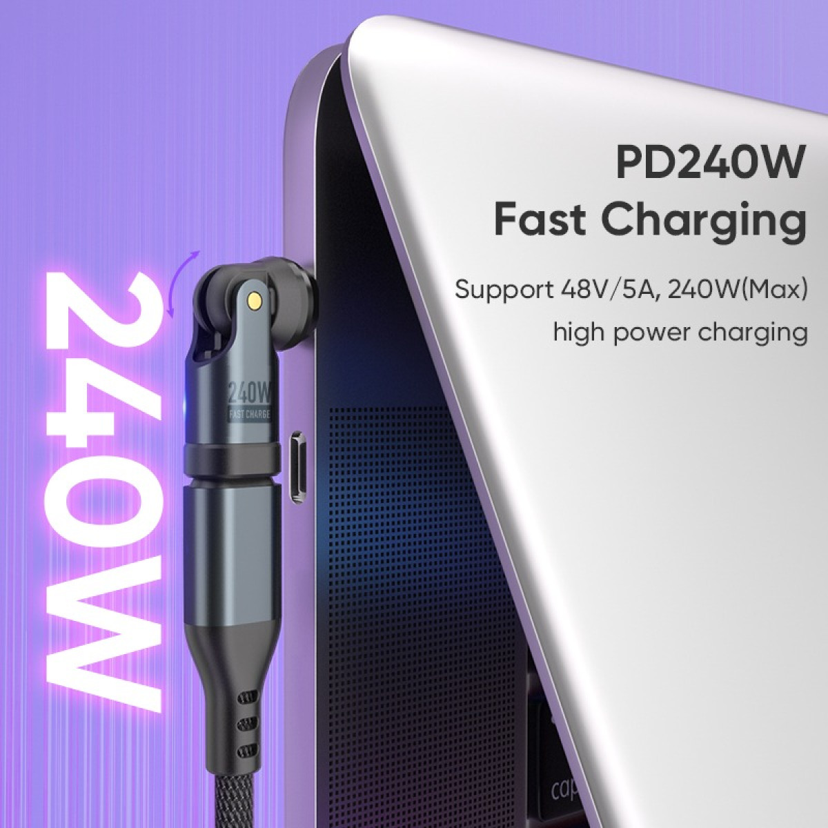 Ein magnetischer USB-C-Stecker in einem Laptop, mit Text für PD 240W Schnellladung.