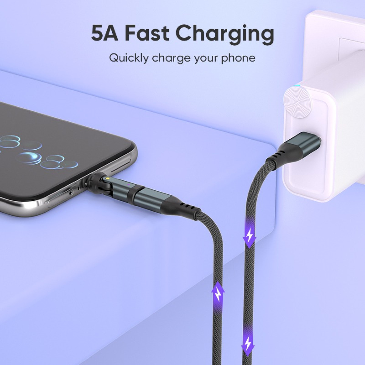Ein Smartphone wird mit einem geflochtenen Kabel an ein weißes Netzteil angeschlossen, das in einer Wand steckt.