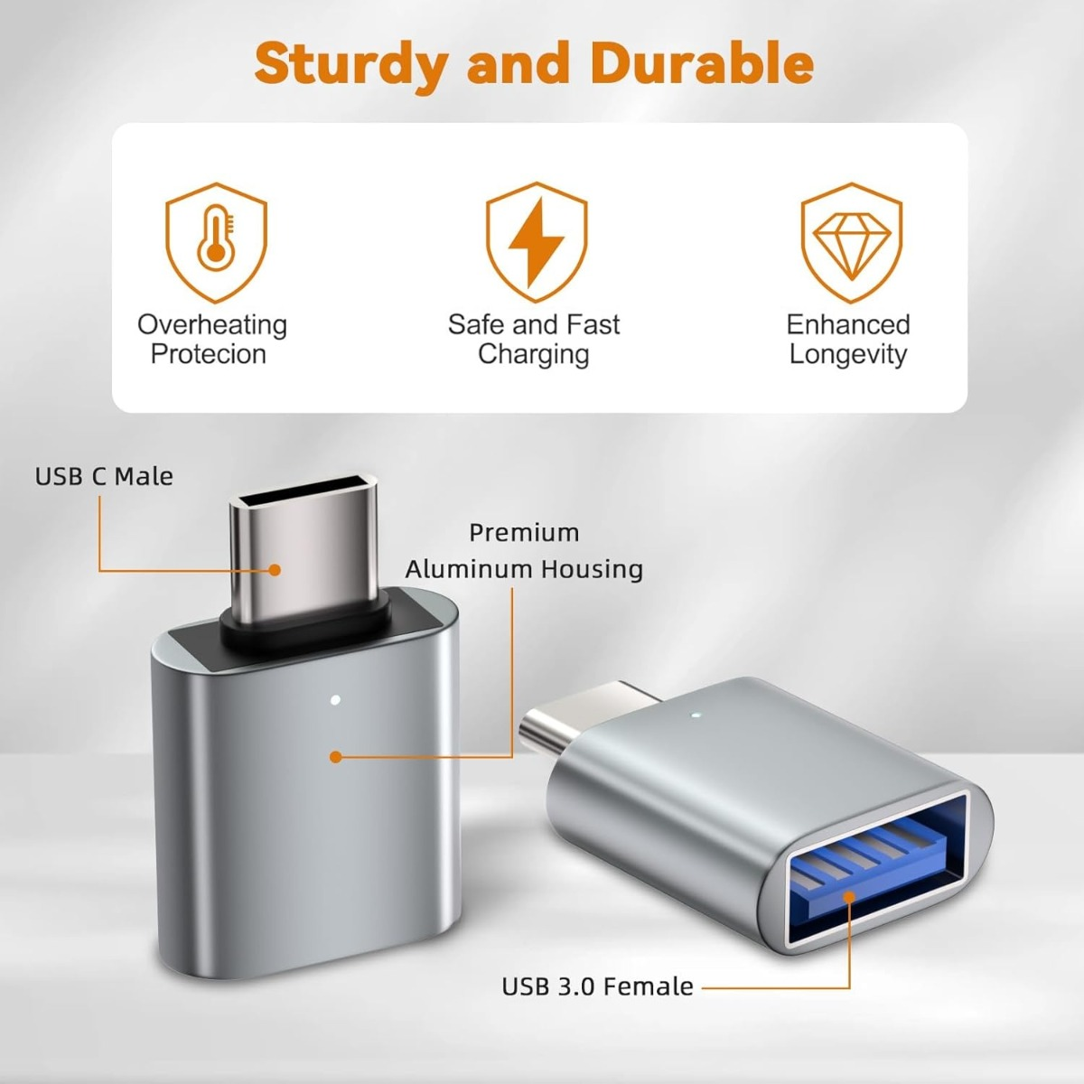 Silberner USB-C-auf-USB-3.0-Adapter mit Labels für Überhitzungsschutz, Schnellladen und Aluminiumgehäuse.