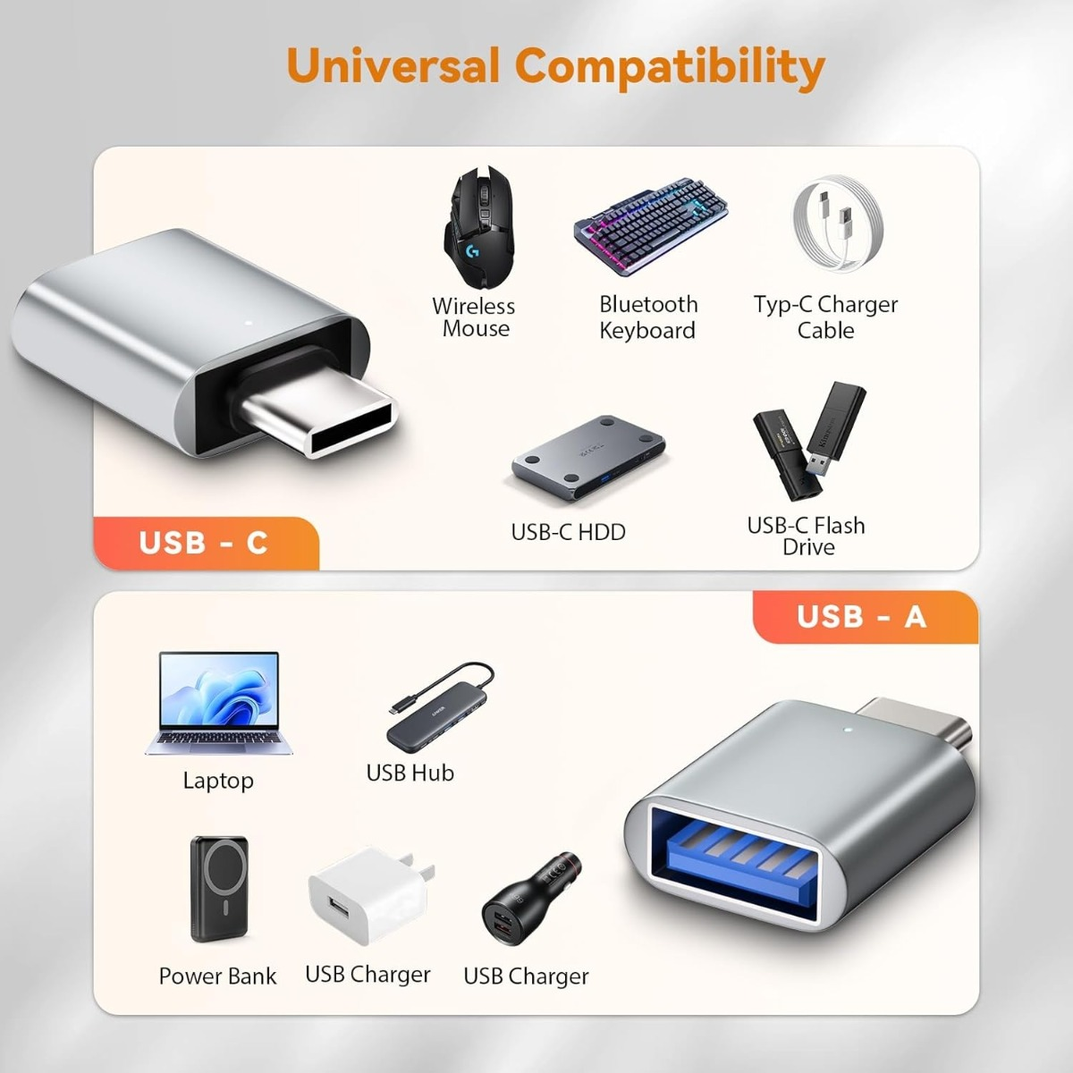 Diagramm zeigt USB-C und USB-A Adapter mit kompatiblem Zubehör wie Maus, Tastatur und Laptop.