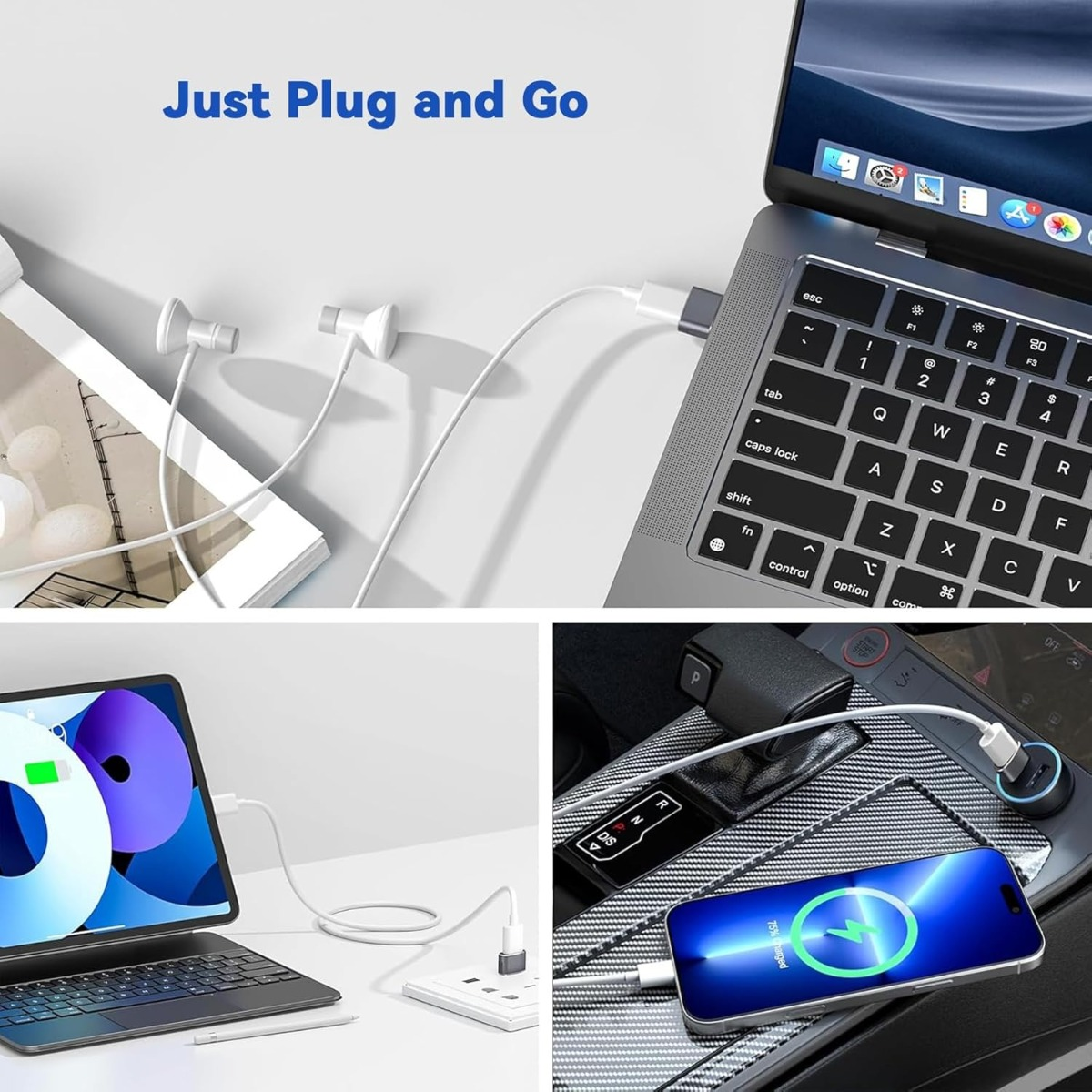 Eine Collage zeigt ein weißes USB-C-Kabel, das Kopfhörer an Laptop, Tablet und Autoladegerät anschließt.