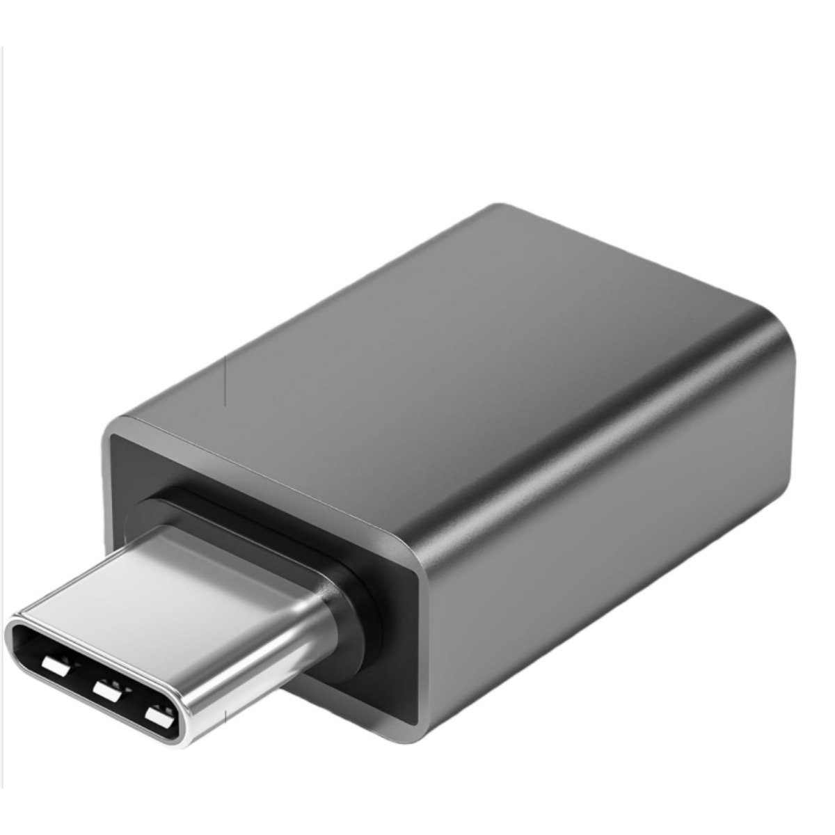 Grauer, kompakter USB-C-Adapter mit einem silbernen Anschluss auf weißem Hintergrund.