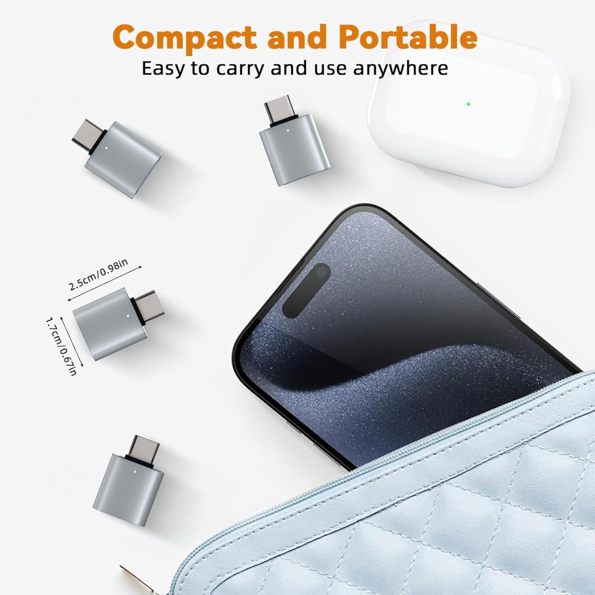 Kompakte silberne USB-C-Adapter, ein Smartphone und eine weiße Ladebox auf weißem Hintergrund.