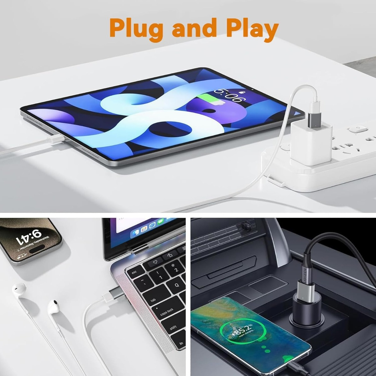 Ein Tablet wird an einer Steckdose geladen, daneben Detailbilder von geladenen Handys und Laptops.