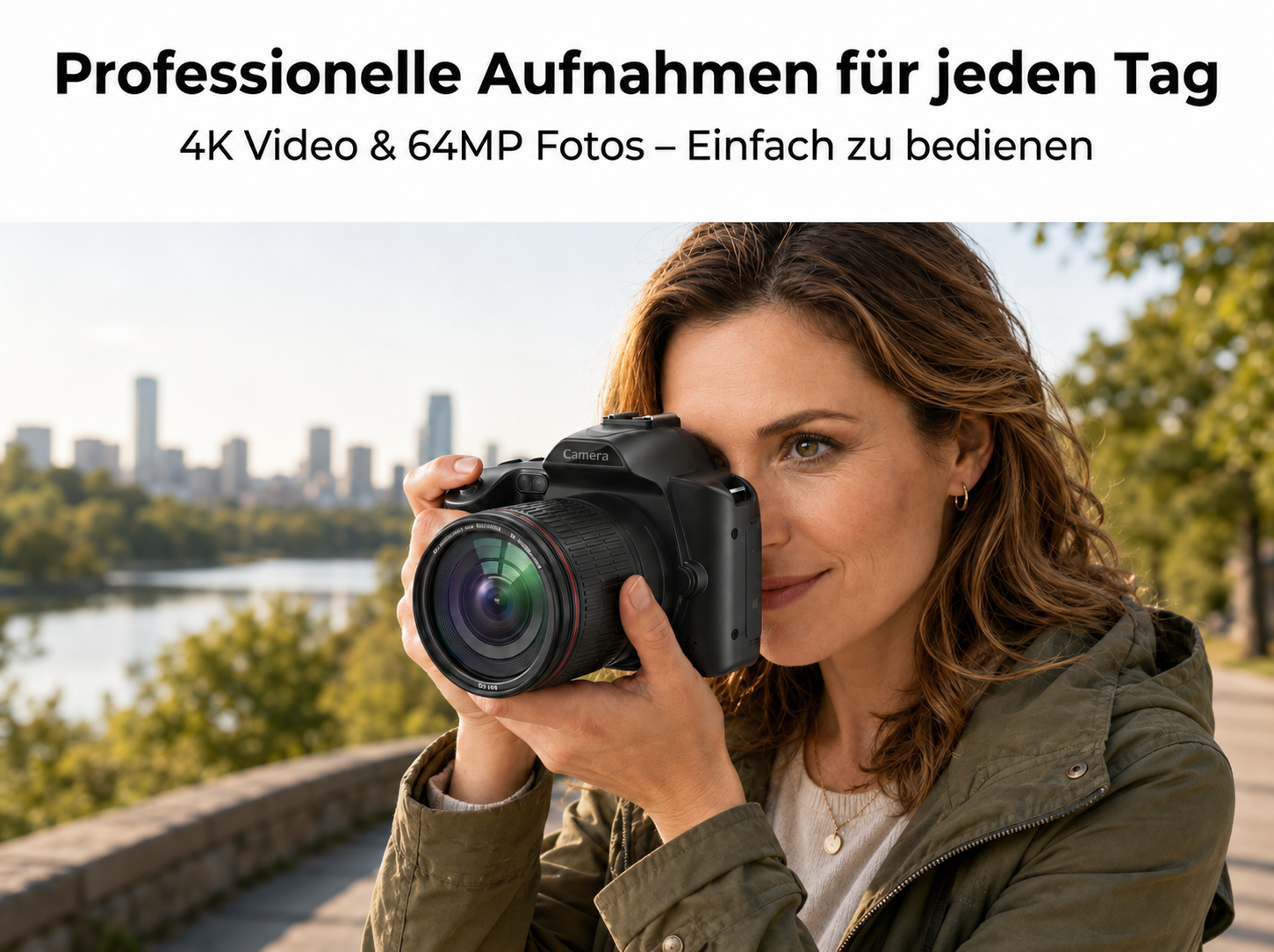 Eine Frau hält eine schwarze Kamera im Freien vor einer Stadtkulisse und einem Fluss.