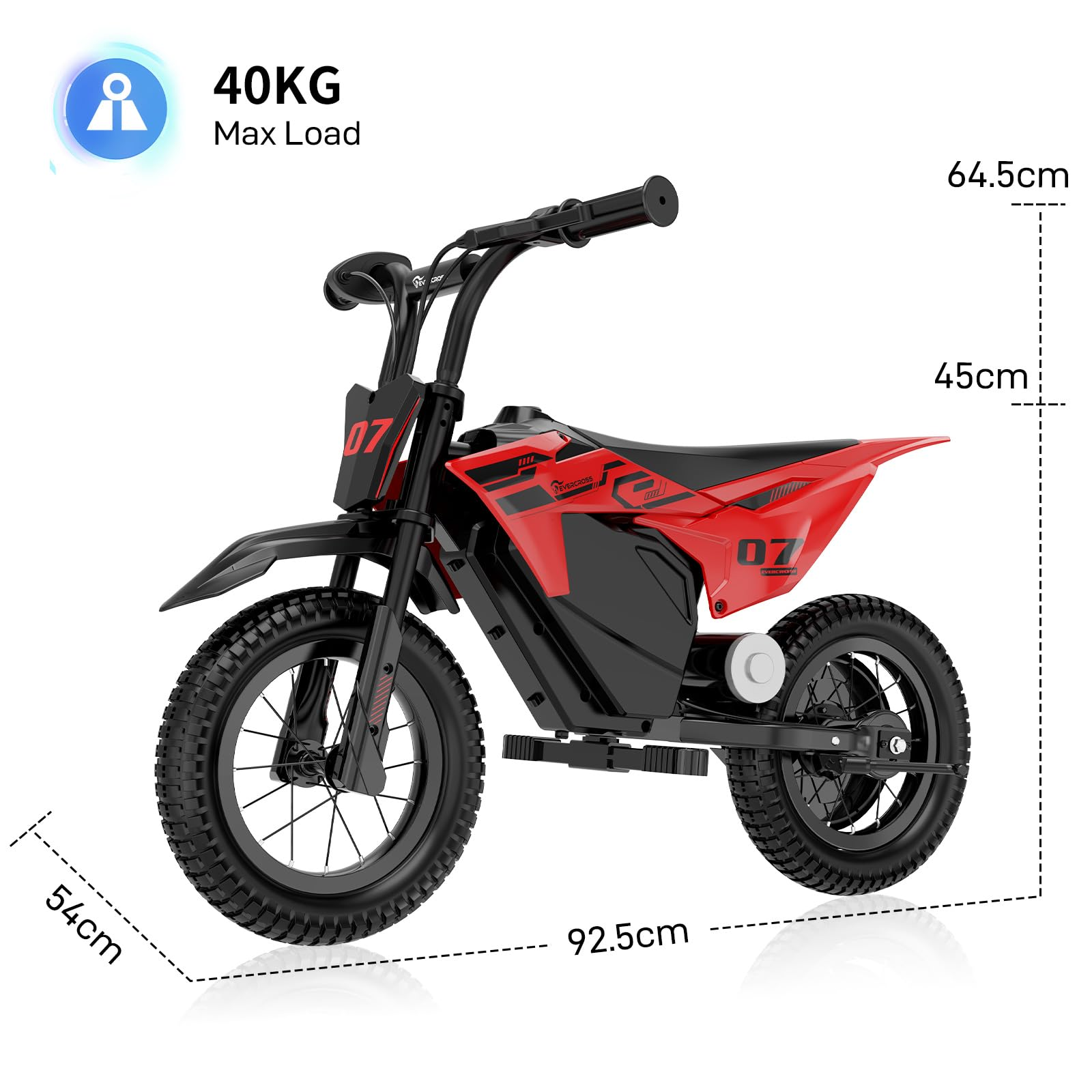 Red and black electric motorcycle for kids with dimensions and 40kg load capacity.