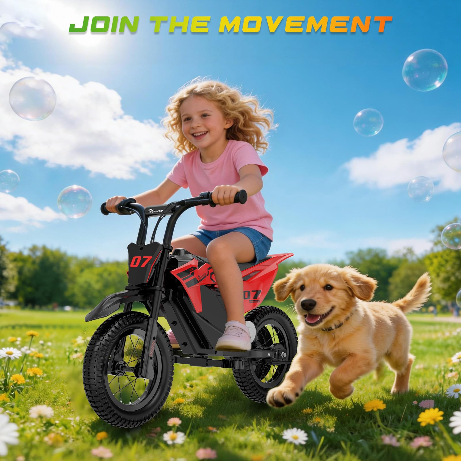 A blonde girl rides a red toy motorbike in a park while a golden puppy happily runs alongside it amidst bubbles.