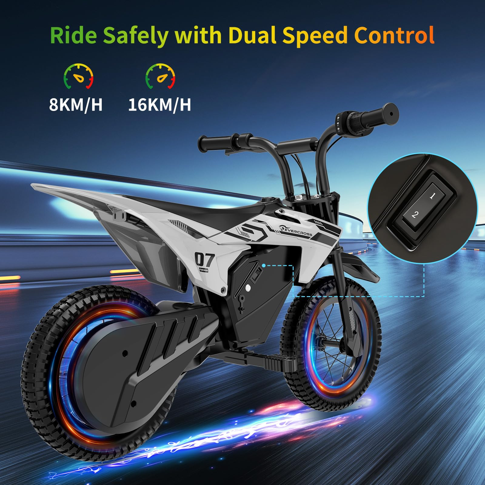 A white and black kids electric motorcycle against a blue racetrack with speed indicators and a control switch inset.
