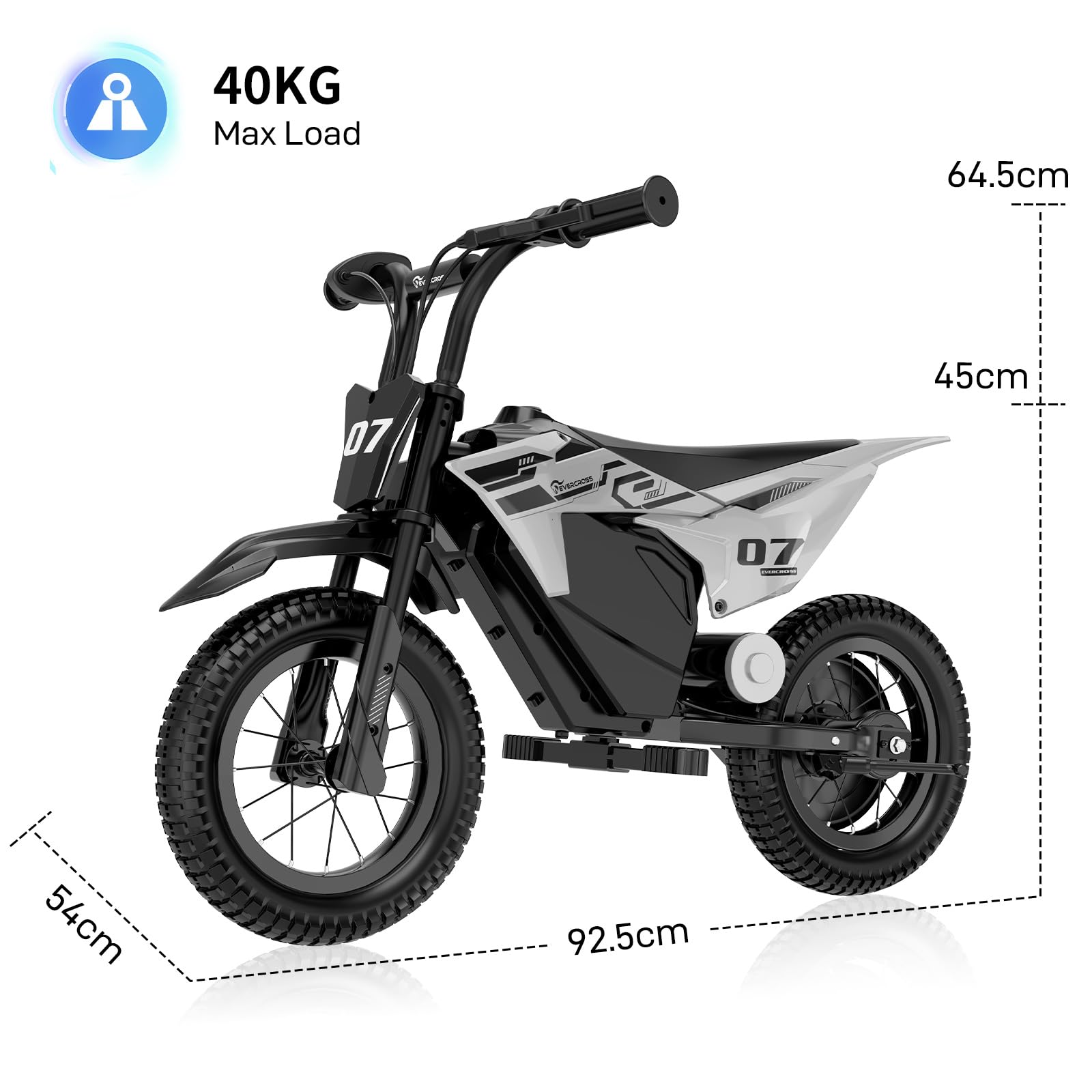 Schwarzes und weißes Kinder-Elektromotorrad mit 40 kg Max-Last und Maßangaben.
