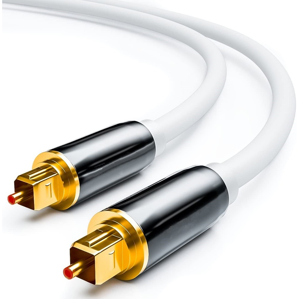 Zwei weiße optische Audiokabel mit vergoldeten Anschlüssen und schwarzen Steckern auf weißem Hintergrund.