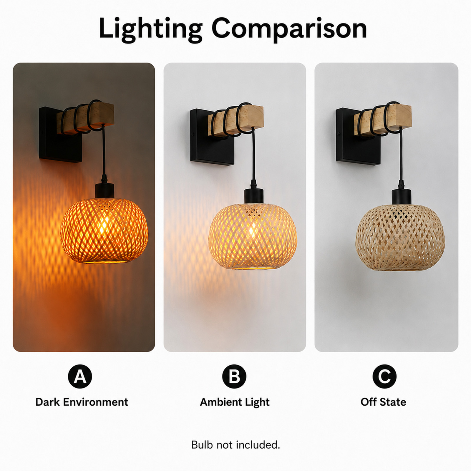 Comparación de iluminación de un aplique de pared de madera apagado, con luz ambiental y en la oscuridad.