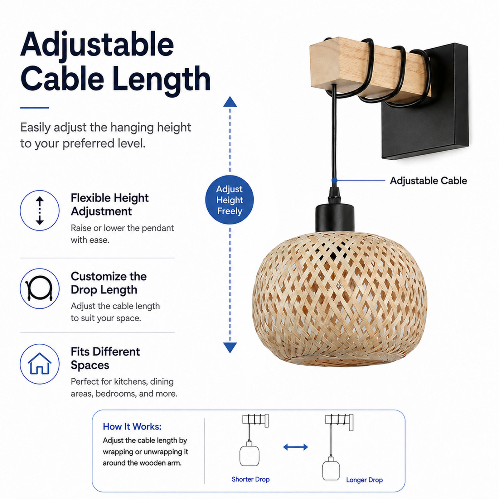 Gráfico de producto muestra un aplique con cable ajustable, brazo de madera y pantalla de bambú.