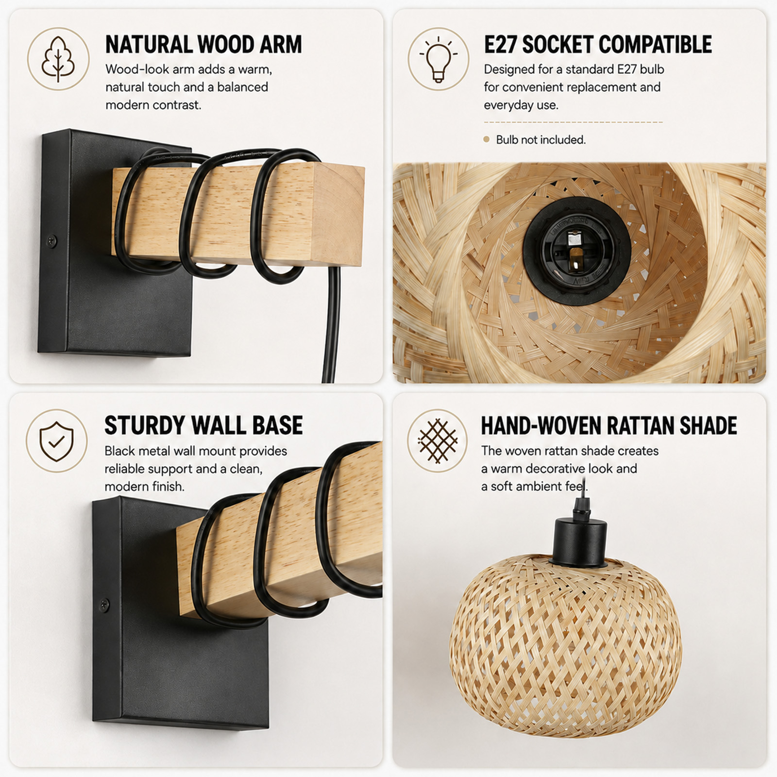 Cuatro paneles que muestran brazo de madera, casquillo E27, base y pantalla de ratán.