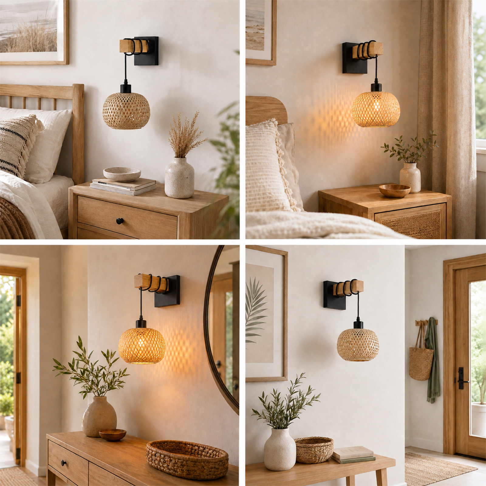Cuatro imágenes muestran una lámpara de pared de ratán en diferentes interiores modernos con muebles de madera.
