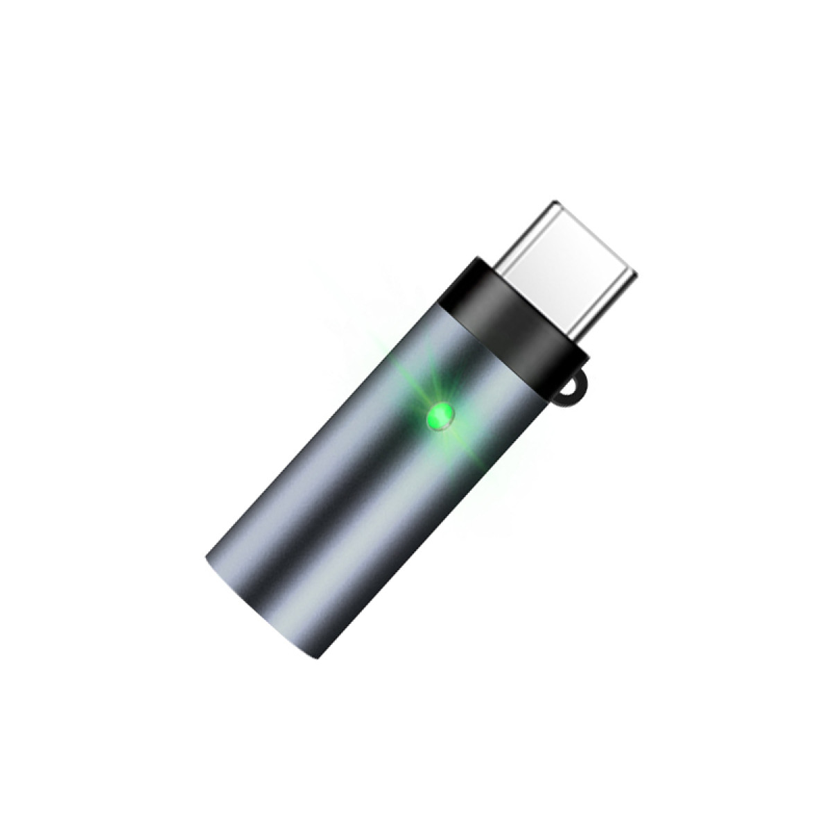 Ein grauer USB-C-Adapter mit einem leuchtenden grünen Licht auf der Vorderseite.