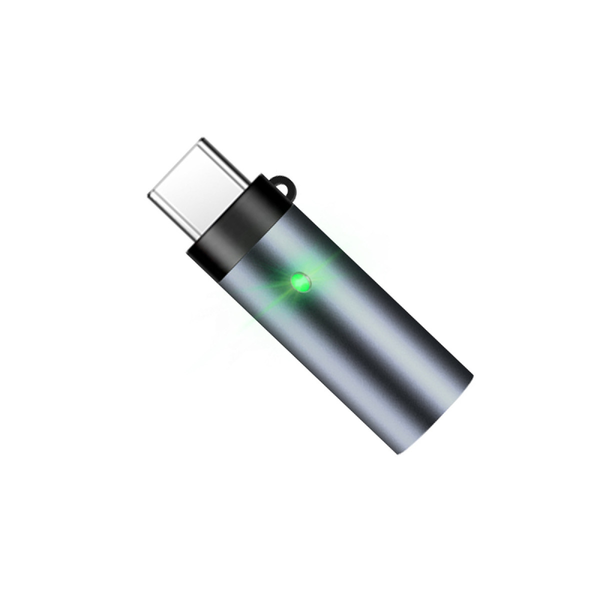 Ein grauer USB-C-Stick mit leuchtend grüner Kontrollleuchte vor weißem Hintergrund.