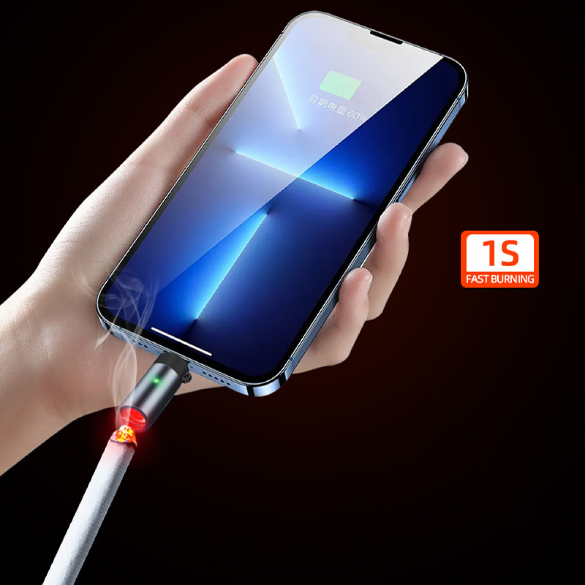 Eine Hand hält ein Smartphone, während ein USB-Anschluss eine Zigarette anzündet.
