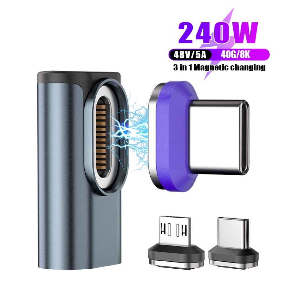Ein 240W 3-in-1 Magnet-Ladeadapter mit USB-C-Stecker und blauen elektrischen Funken vor weißem Hintergrund.