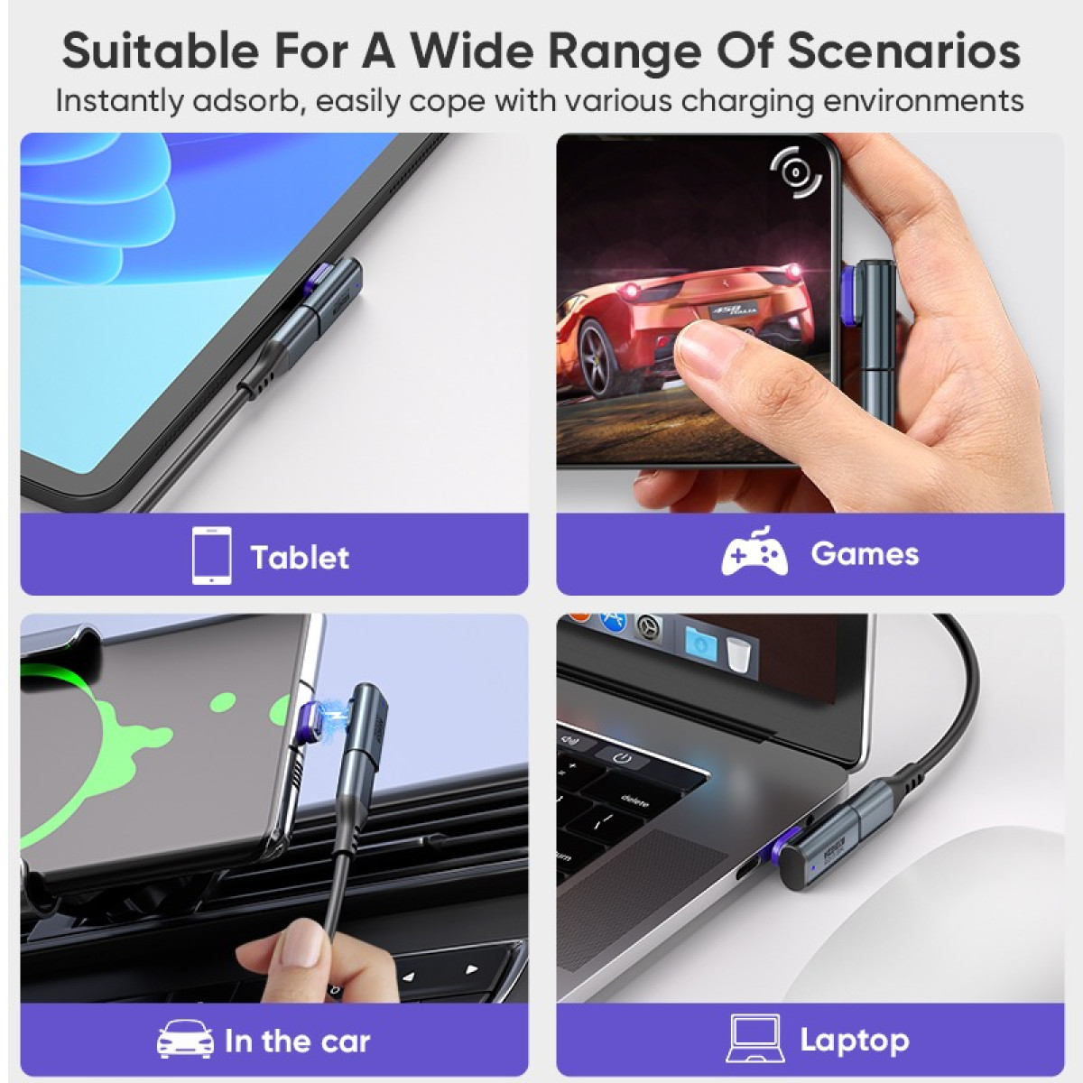Vier Bilder zeigen den magnetischen Ladeadapter im Einsatz mit Tablet, Smartphone beim Spielen, im Auto und am Laptop.