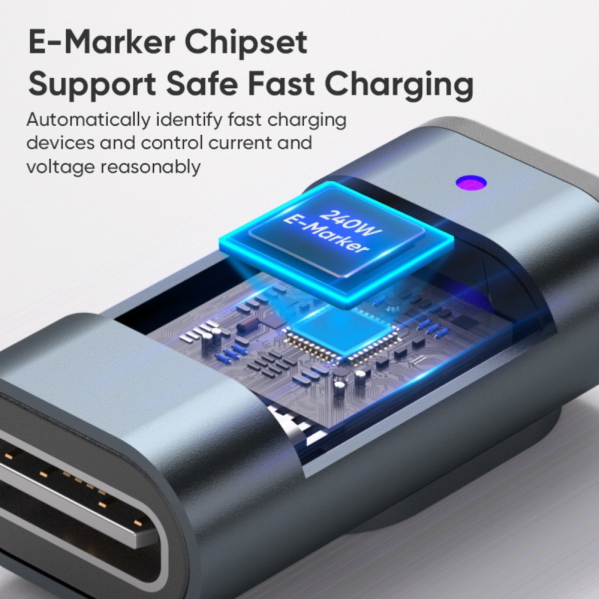 Technische Illustration eines USB-C-Adapters mit E-Marker-Chipsatz und interner Platine.
