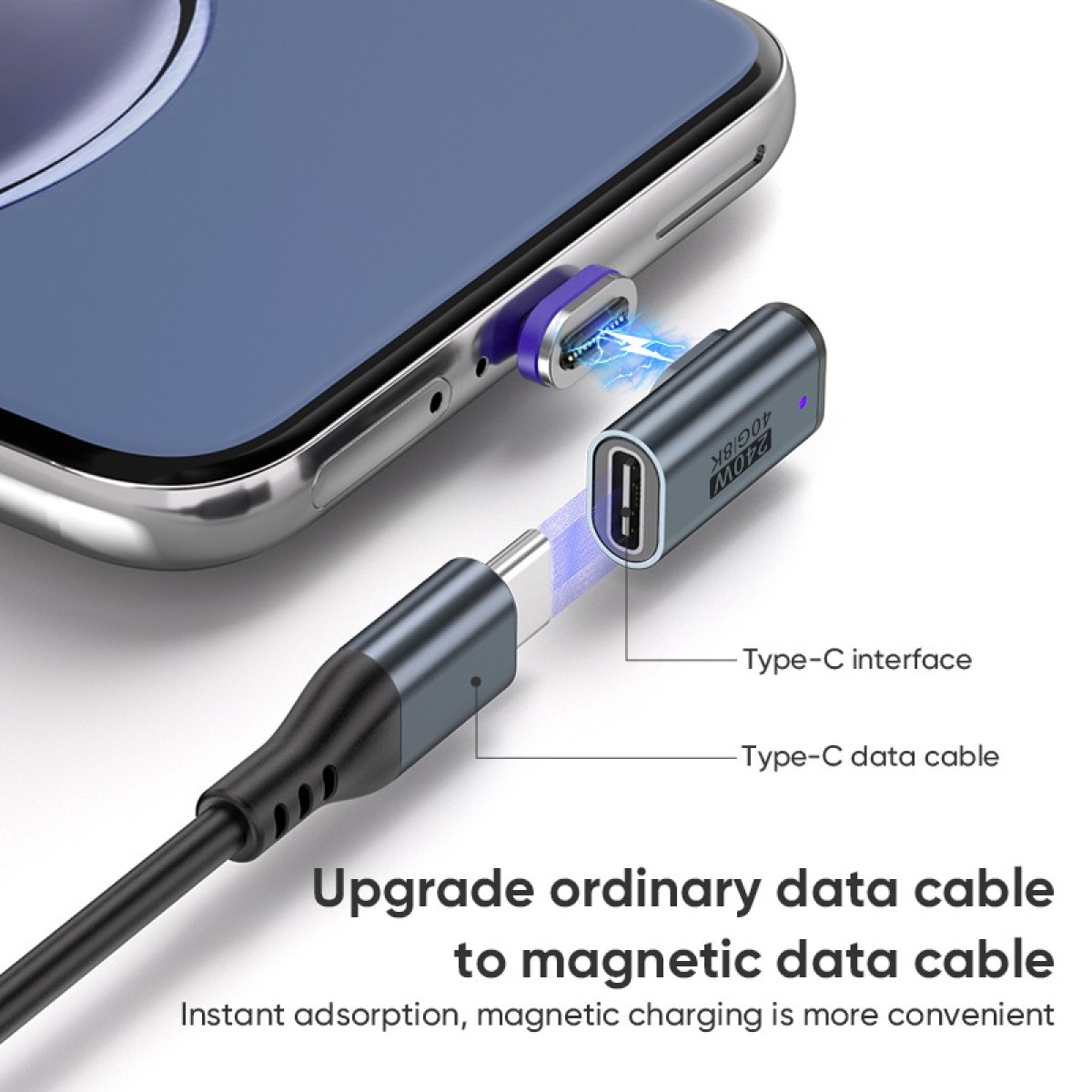 Ein magnetischer USB-C-Adapter verbindet ein Ladekabel mit einem Smartphone.