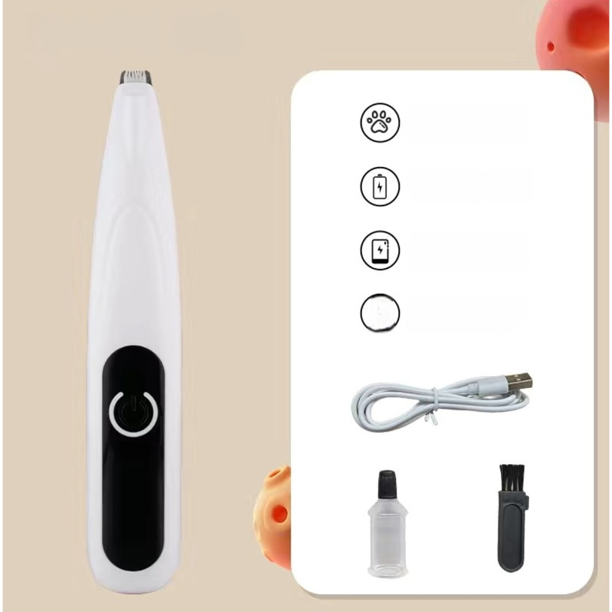 Ein weißer Haarschneider für Haustiere neben Zubehör wie USB-Kabel, kleiner Flasche und Reinigungsbürste.