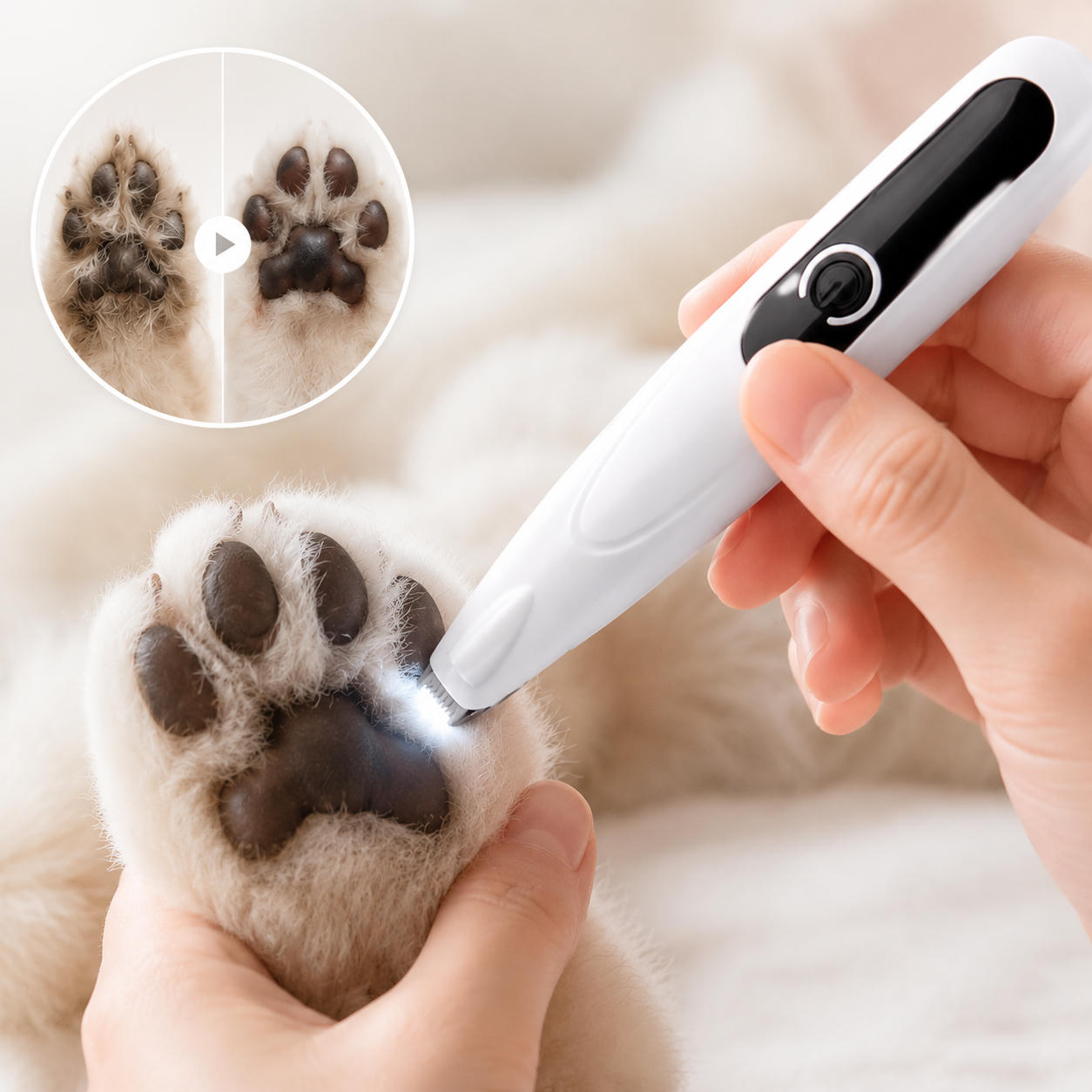 Eine Hand benutzt einen kleinen, weißen Trimmer mit Licht, um Fell an einer Tierpfote zu rasieren.