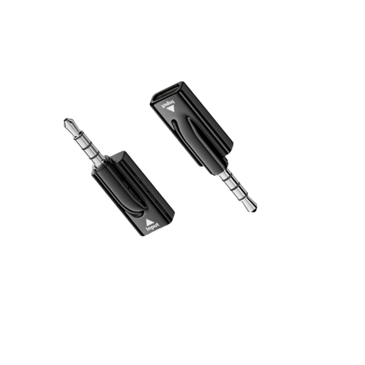 Zwei schwarze Audioadapter mit 3,5-mm-Klinkensteckern und Beschriftung auf weißem Hintergrund.