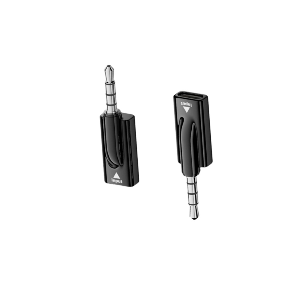 Zwei schwarze Audioadapter mit 3,5-mm-Klinkenstecker und Aufschrift auf weißem Hintergrund.