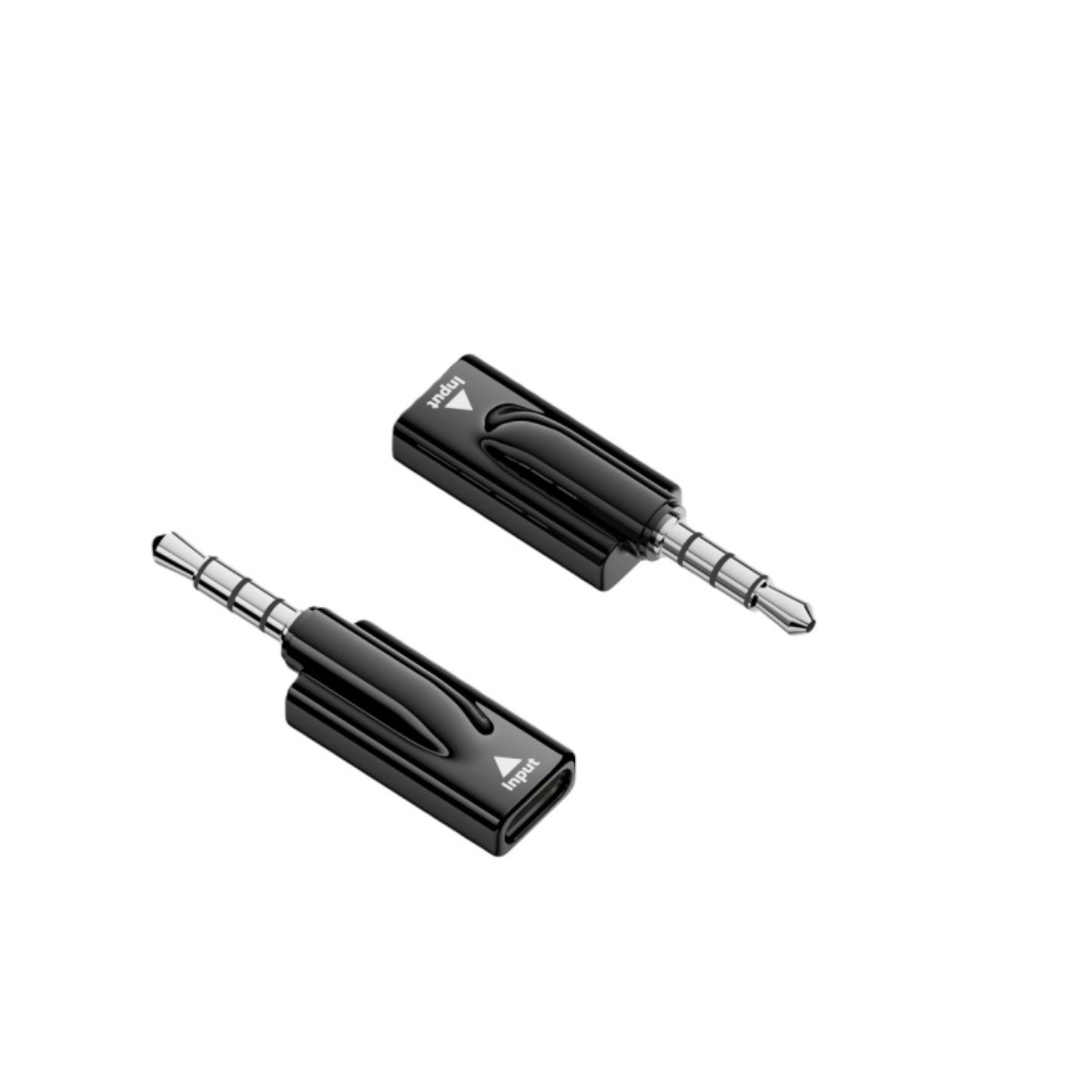 Zwei schwarze Audioadapter mit 3,5-mm-Klinkenstecker und der Aufschrift Input auf weißem Hintergrund.