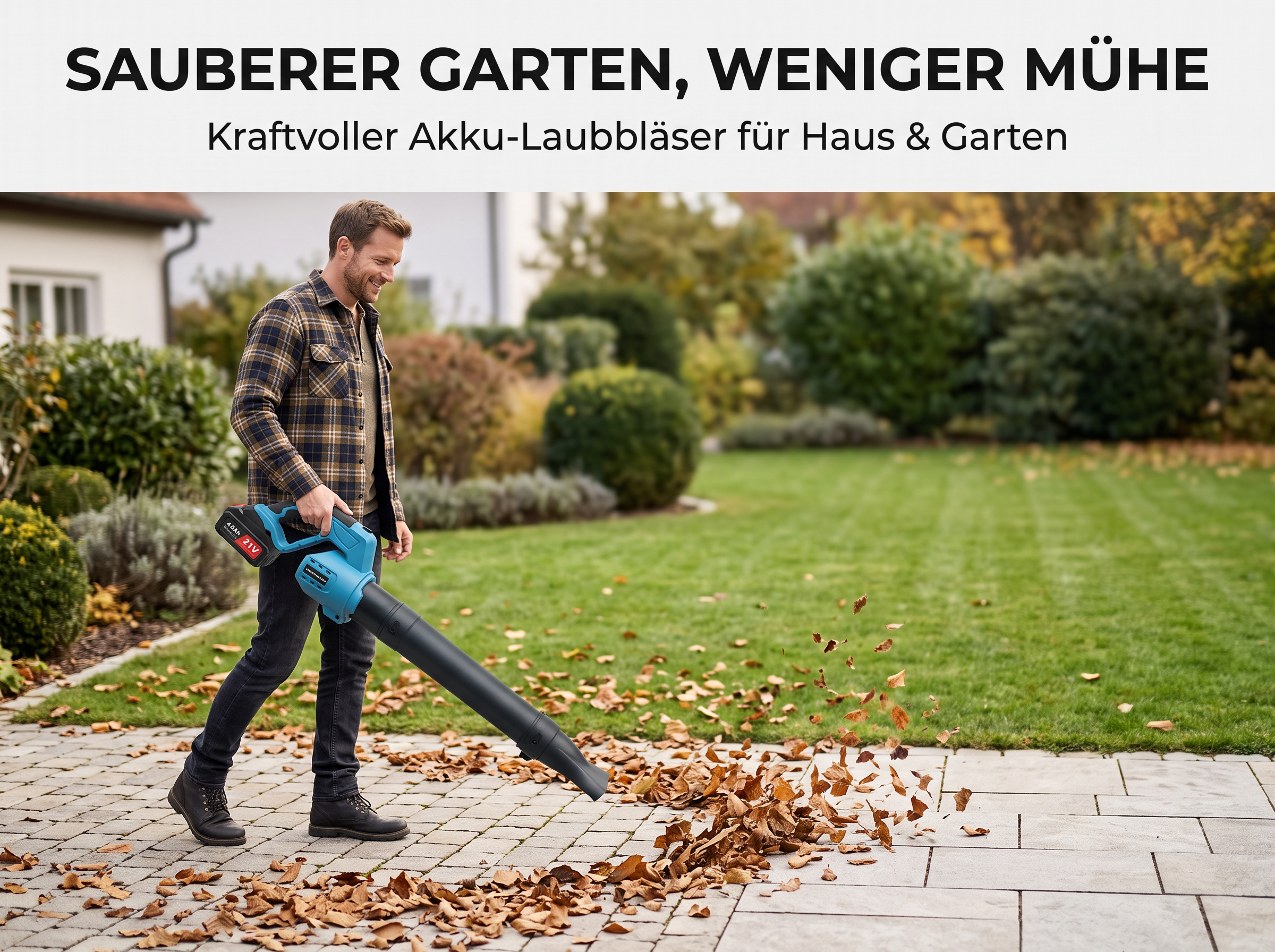 Ein Mann benutzt einen blauen Akku-Laubbläser, um trockenes Laub auf einer Terrasse zu entfernen.