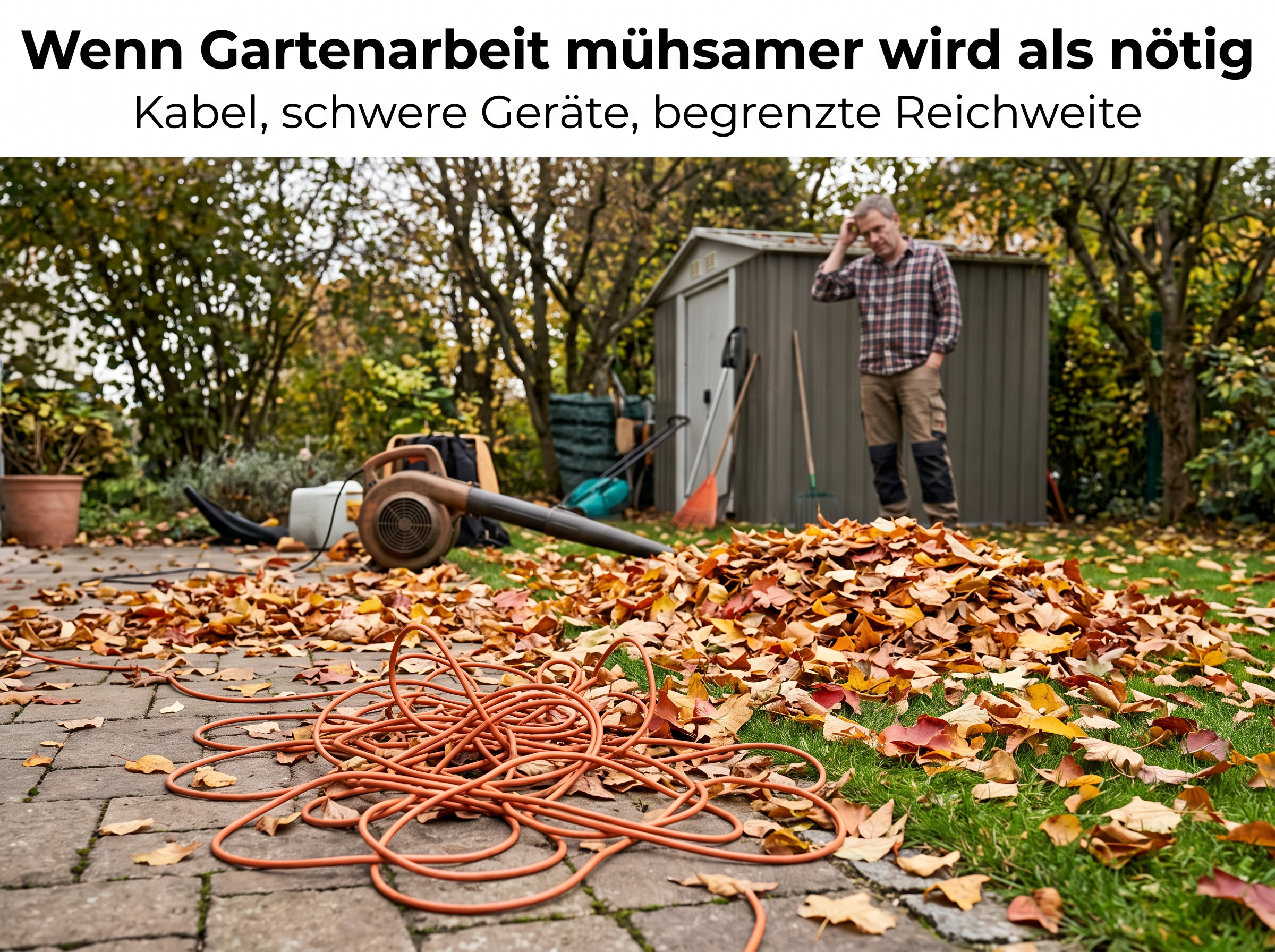 Frustrierter Mann im Garten neben Laubhaufen, schwerem Laubsauger und verworrenem Verlängerungskabel auf dem Weg.