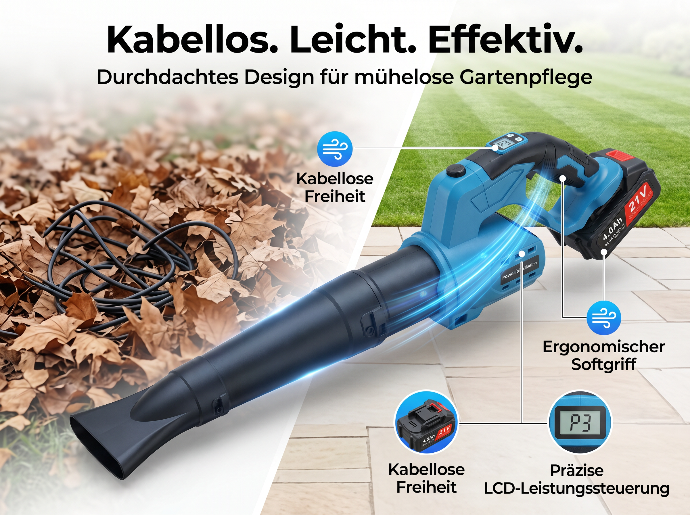 Ein blauer Akku-Laubbläser liegt auf Steinen vor trockenem Laub und Rasen, mit Erklärungen zu Funktionen.