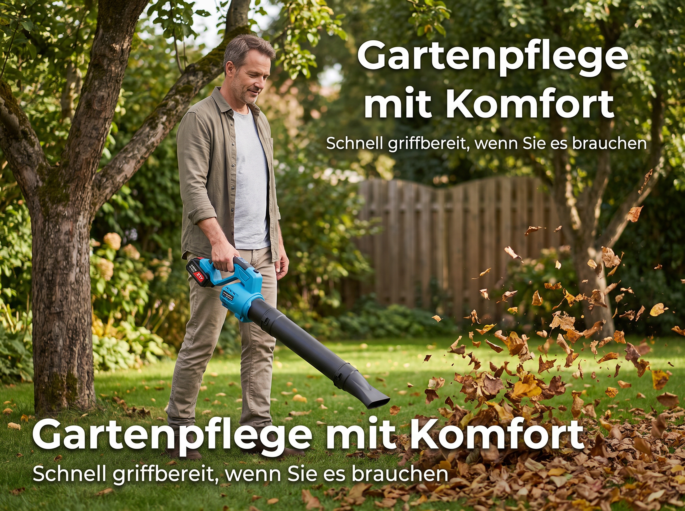 Ein Mann benutzt einen blauen Laubbläser in einem grünen Garten, mit deutschem Text.