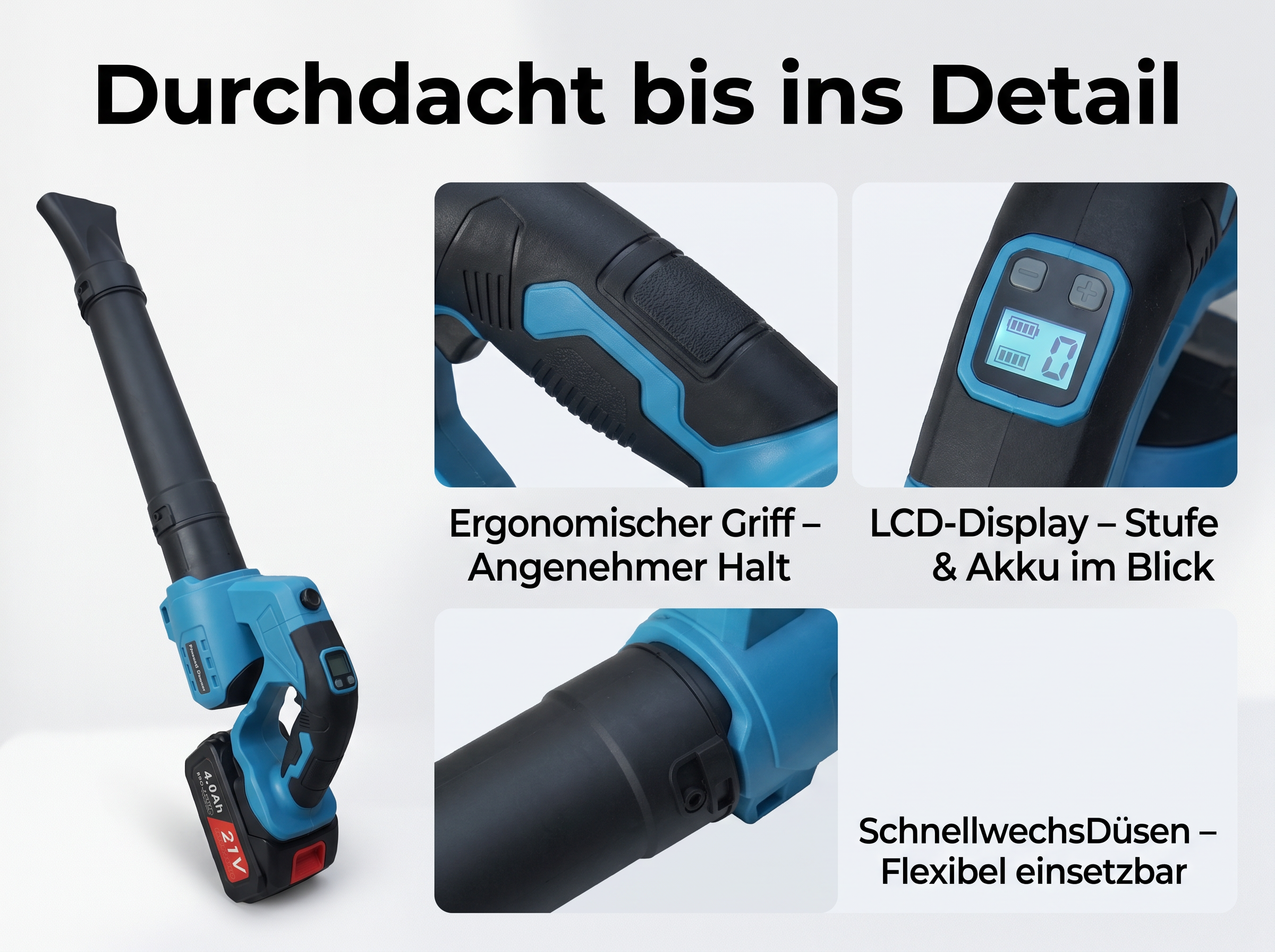 Ein blauer Akku-Laubbläser mit ergonomischem Griff, LCD-Display und Schnellwechseldüse.