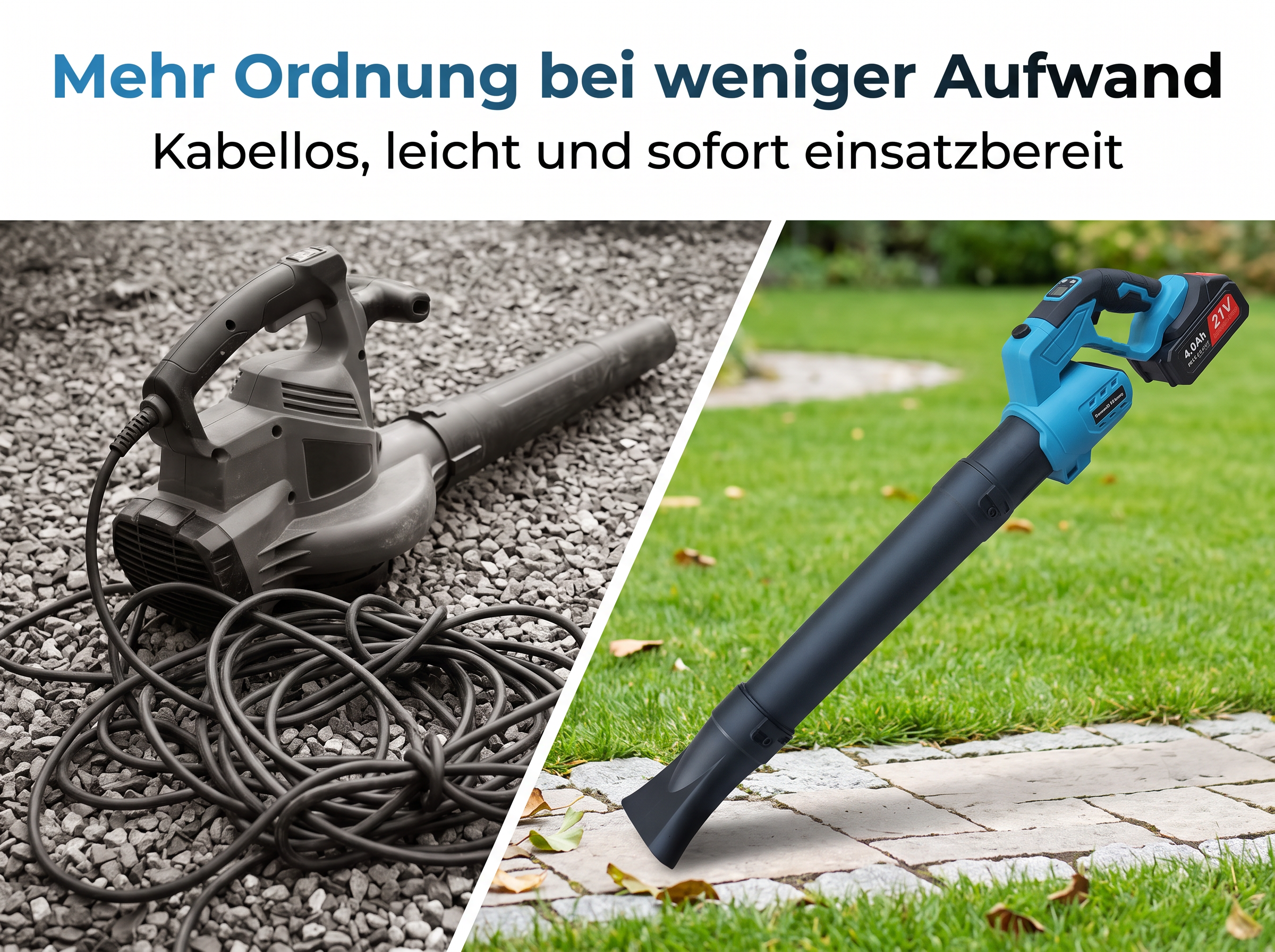 Vergleich eines kabellosen und eines kabelgebundenen Laubbläsers im Garten.