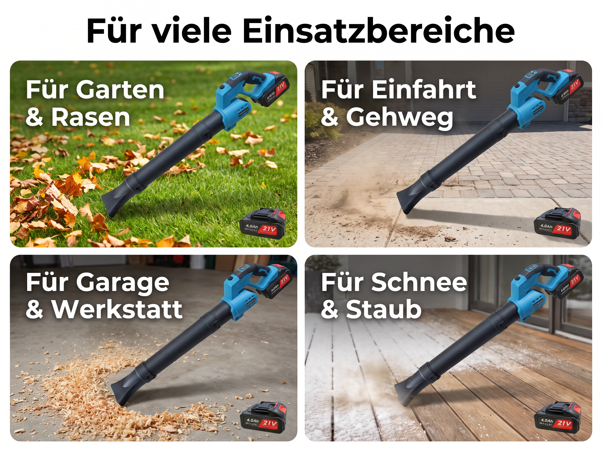 Blaue Akku-Laubbläser im Einsatz für Garten, Einfahrt, Garage und Schnee mit deutschen Texten.