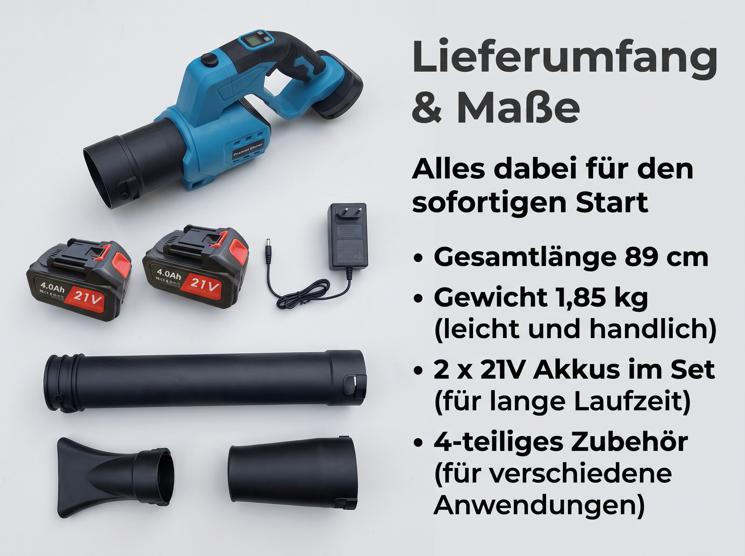 Ein blauer Laubbläser, zwei 21V Akkus, ein Ladegerät, Rohre und Düsen auf weißem Hintergrund mit deutschem Text.